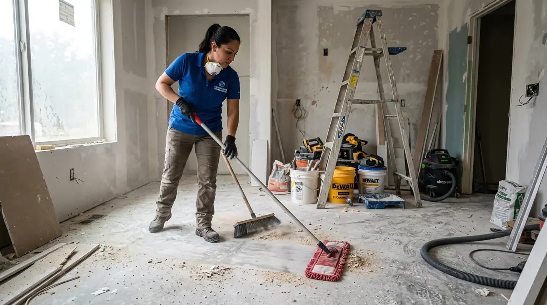 A cleaner sweeping debris after renovation work